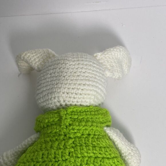 Handmade White Bunny Green Dress Button Eyes Pink Nose Mouth Bow - Picture 10 of 12
